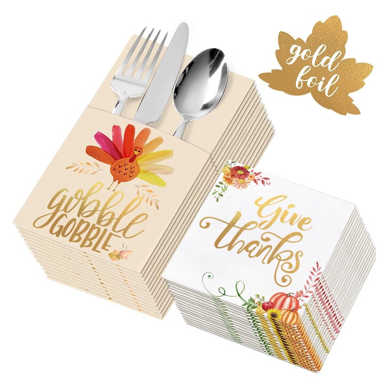 Thanksgiving Napkins 54 Pack Gold Foil Napkins Paper 36 Pcs with Cutlery Holders 18 Pcs Give Thanks Table Decorations for Autumn Fall Harvest Wedding Dinner Party Disposable Centerpiece Decor